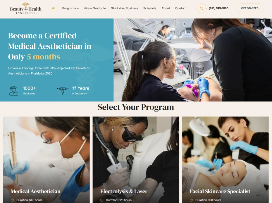 web design for beauty aesthetician school tampa